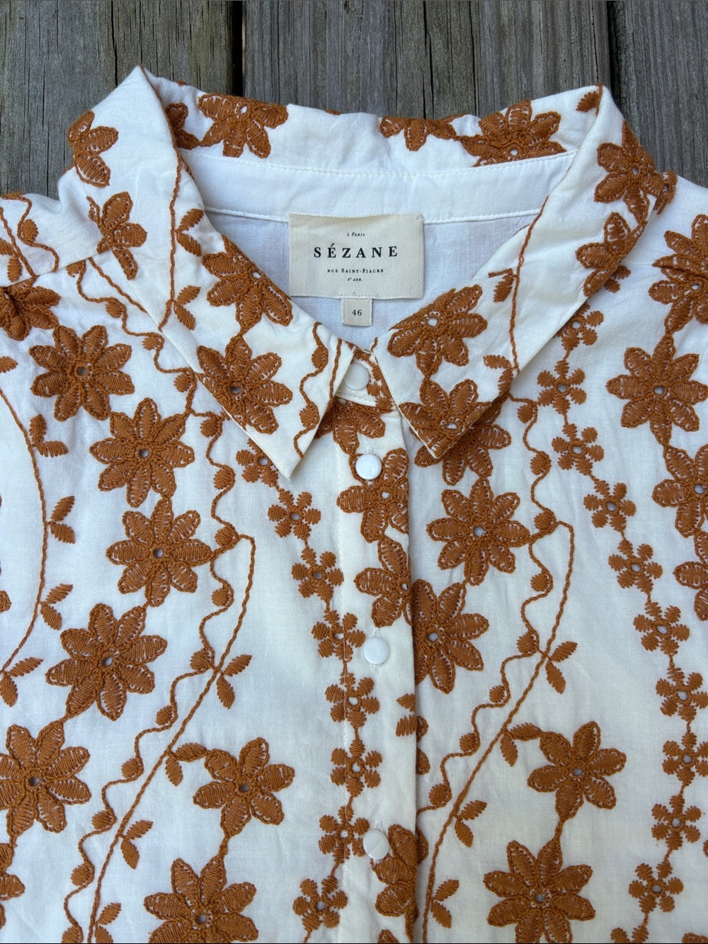 SEZANE Sol Dress Embroidered White Brown Floral French Feminine Midi | Size 46